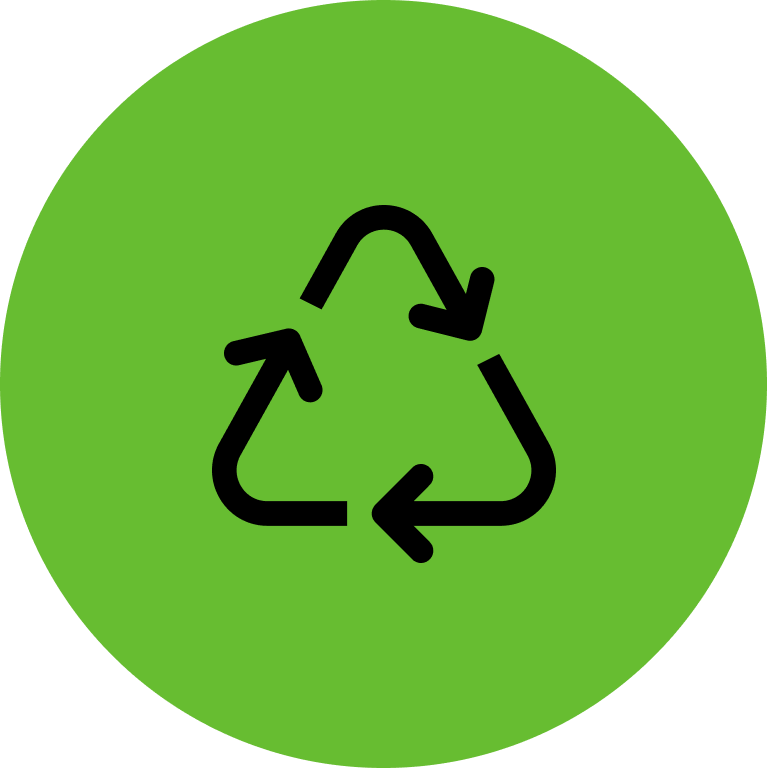 Green circular background with a black recycling icon in the center.